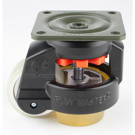 Foot Master Leveling Caster, 63 mm Polyurethane Wheel, 90x90 mm Plate, Swivel, 550 kg Cap, PU Foot Pad, Black GD-80-F-HUP-CUR-FBL